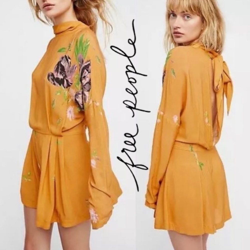 Free People Gemma Tunic Open Back Drop Waist Mini Dress in Mustard